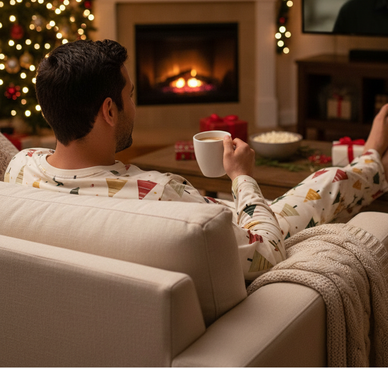 Middle Eastern man wearing Spring Christmas pajamas while watching a holiday movie