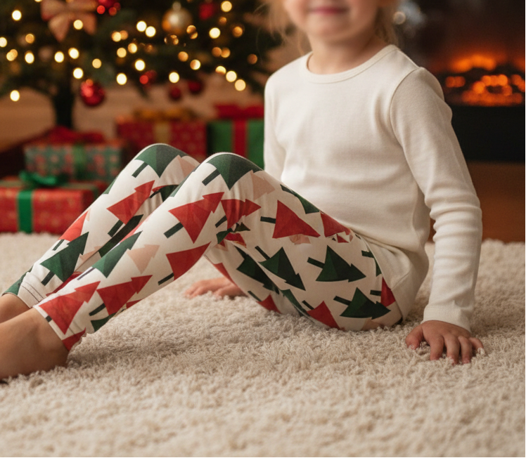 Child wearing Christmas tree leggings in a cozy living room with a decorated Christmas tree