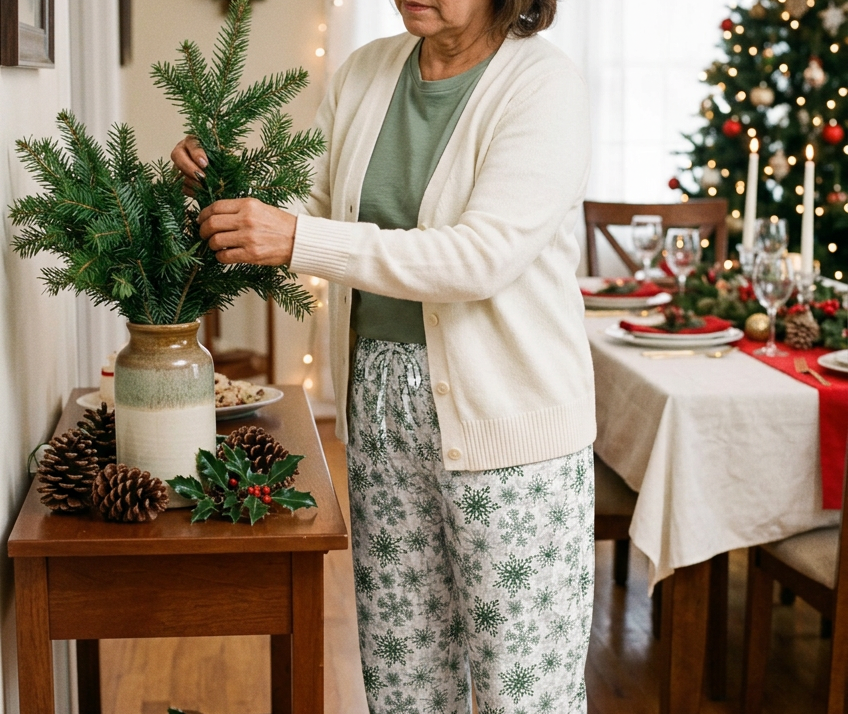 Green Snowflake women's pajama pants while arranging greenery