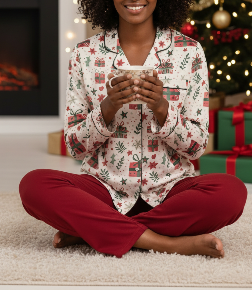 Black woman wearing the Christmas Present women’s long sleeve pajama top in a Christmas living room
