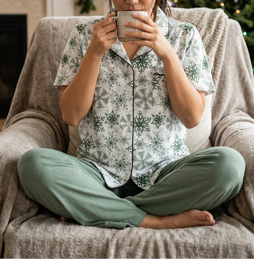 Green Snowflake short sleeve pajama top while enjoying a warm drink