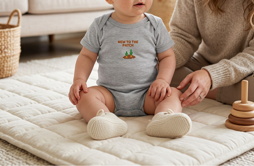 Gray Lil Carrot New to the Patch baby onesie lifestyle image