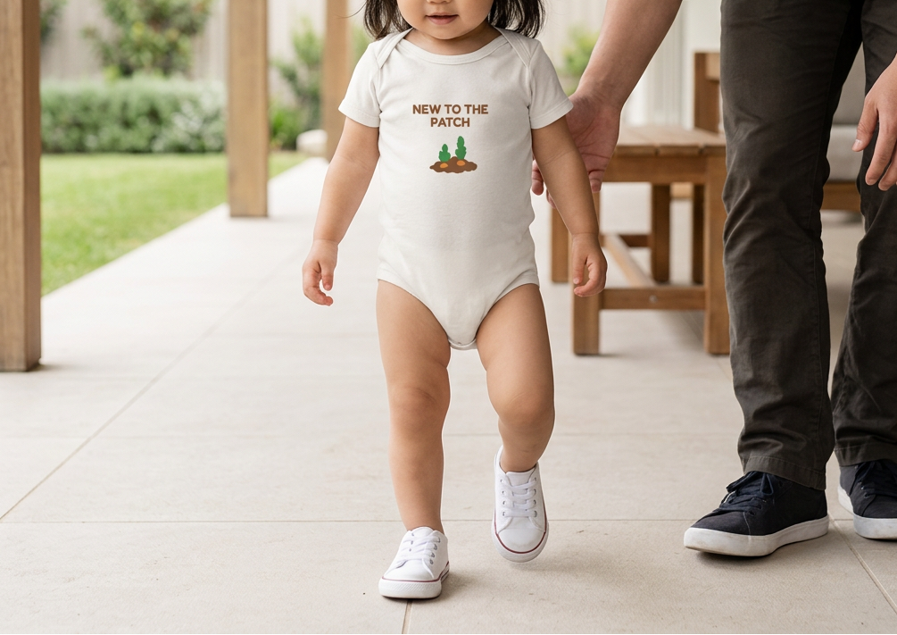 Light neutral Lil Carrot New to the Patch onesie lifestyle image