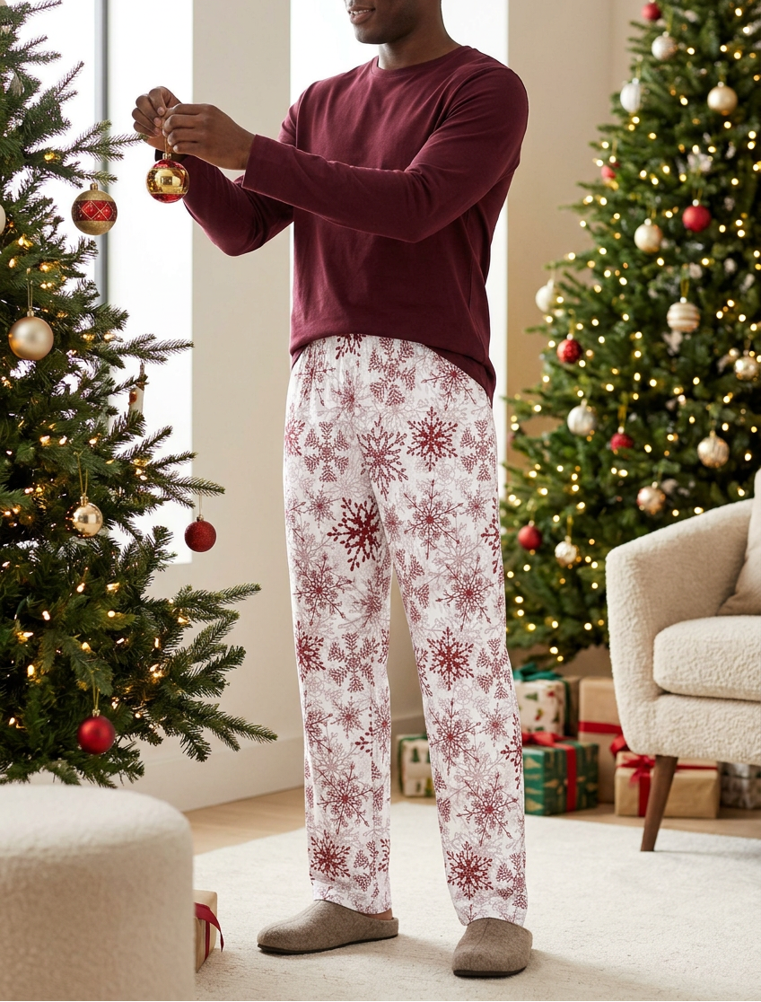 Red Snowflake Men's Pajama Pants worn while decorating a Christmas tree