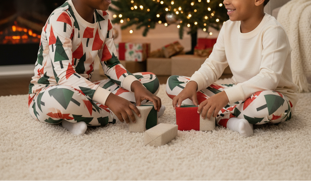 Two children with different skin tones wearing Christmas tree leggings in a cozy indoor Christmas scene