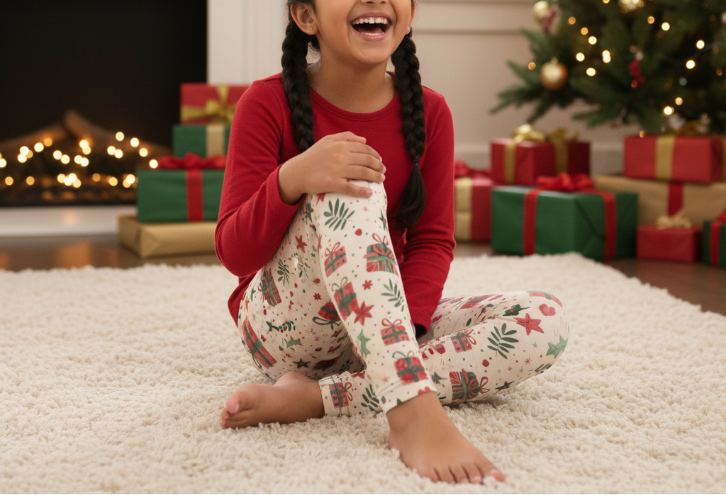 South Asian child wearing Christmas present leggings with a red top in an indoor Christmas playroom