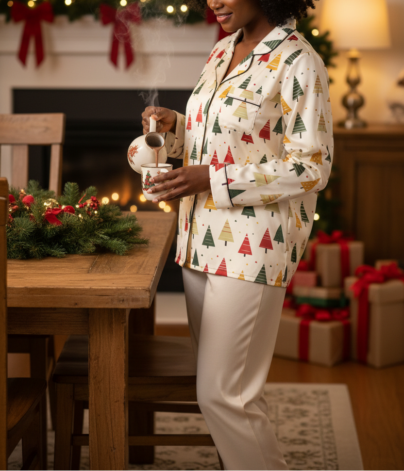 Black woman wearing the Spring Christmas women’s long sleeve pajama top while pouring hot cocoa in a festive dining room