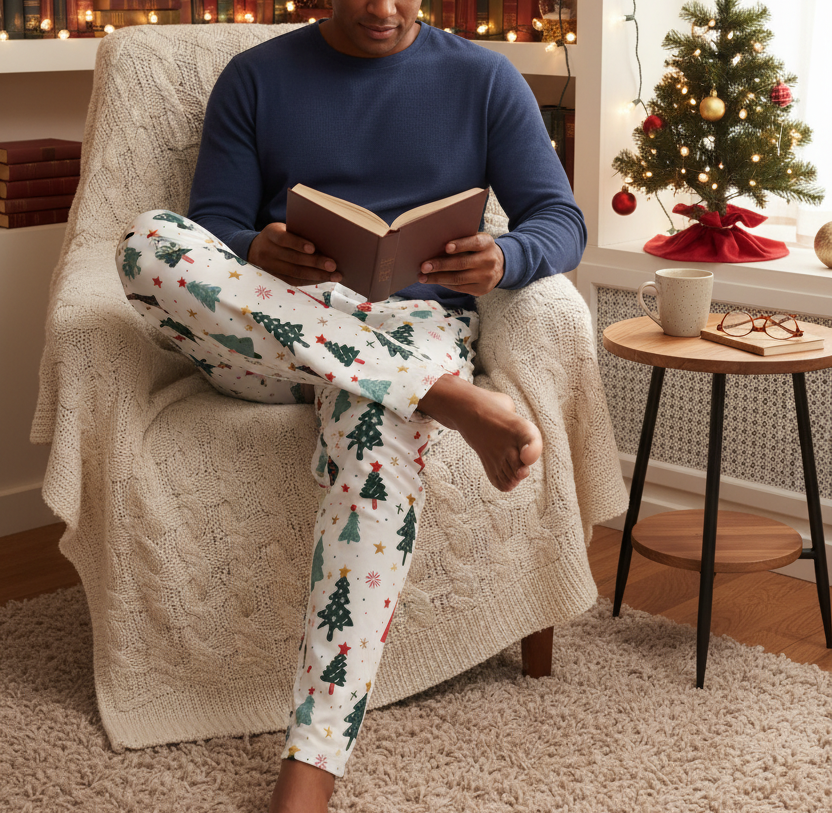 Mixed race man wearing the Blue Christmas Tree men’s pajama pants fully covered in a Christmas reading nook