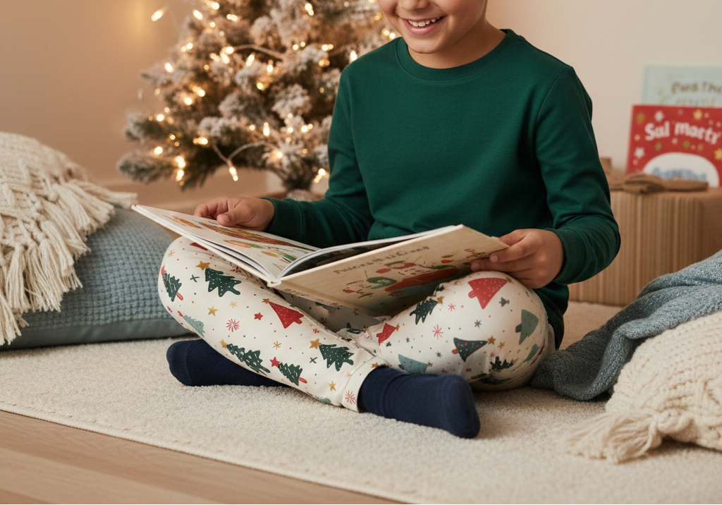Middle Eastern child wearing blue Christmas leggings with a green top in a holiday reading nook
