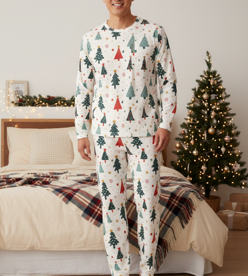 East Asian man wearing the complete Blue Christmas Tree matching pajama set fully covered in a festive bedroom