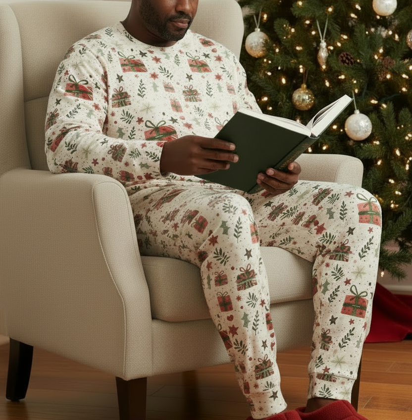 Black man wearing Christmas Present pajamas while reading beside a softly lit tree