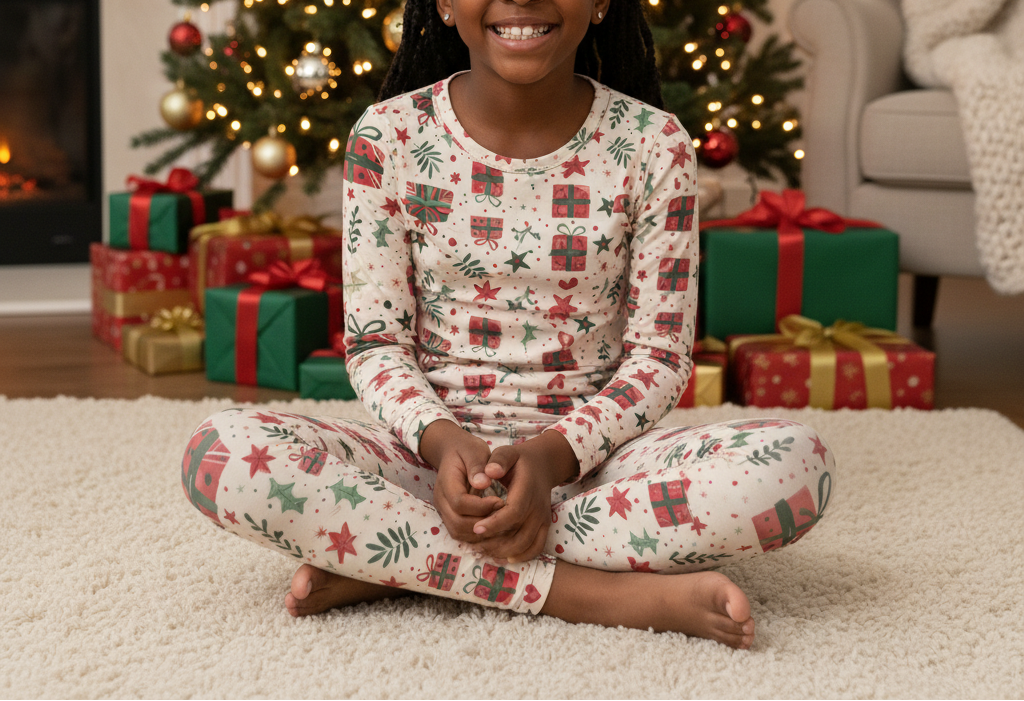 Black child wearing Christmas present leggings with a matching printed top in a cozy living room