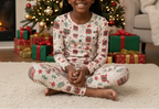 Black child wearing Christmas present leggings with a matching printed top in a cozy living room