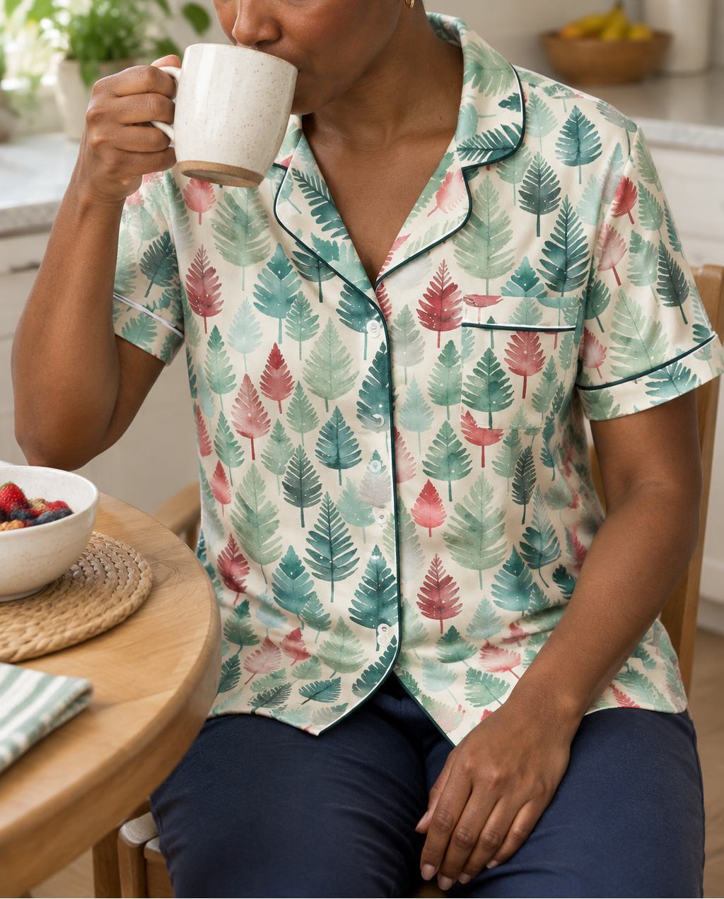 Leafy Dreams women's short sleeve pajama top at the kitchen table