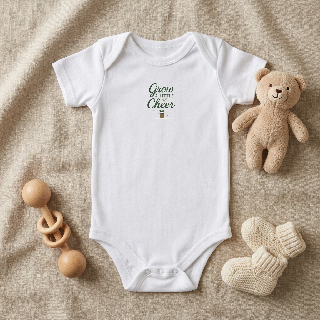 White Grow a Little Cheer baby onesie accessory flat lay