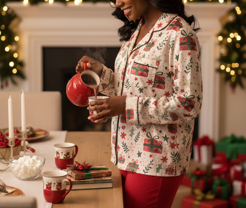 Black woman wearing the Christmas Present women’s long sleeve pajama top while pouring hot cocoa in a festive dining room
