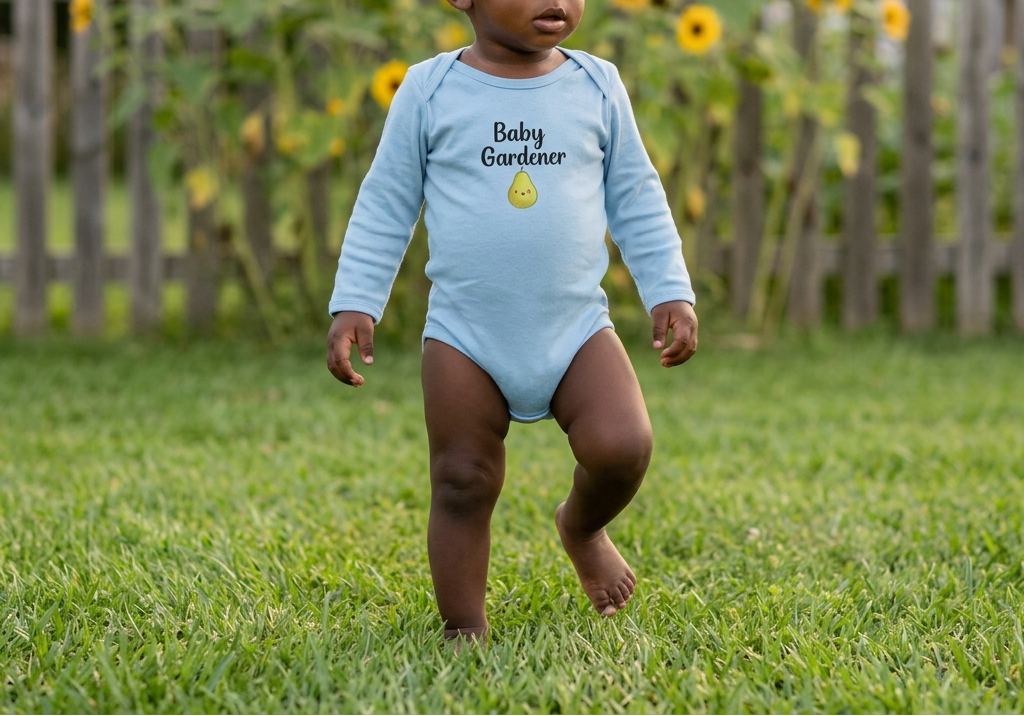 A toddler walking barefoot on green grass in front of a wooden picket fence and tall sunflowers, wearing a light blue long-sleeve bodysuit with the words 'Baby Gardener' and a small yellow seed graphic.