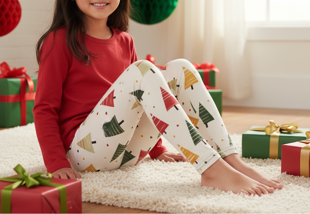 Chinese child wearing Spring Christmas leggings with a red top in an indoor Christmas playroom