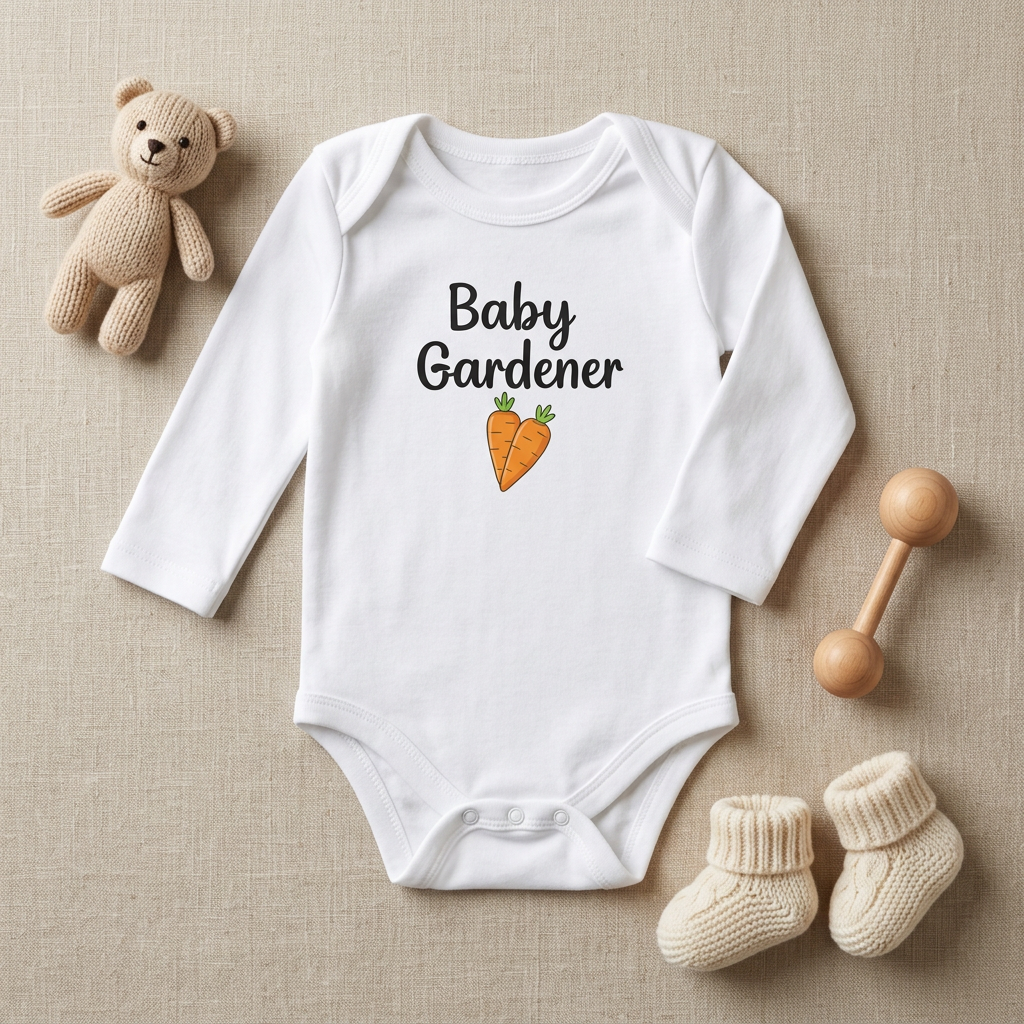 A white long-sleeve baby bodysuit with 'Baby Gardener' and a carrot graphic printed on the chest, styled in a flat lay with a teddy bear, wooden baby toy, and knit booties on a beige textured background.