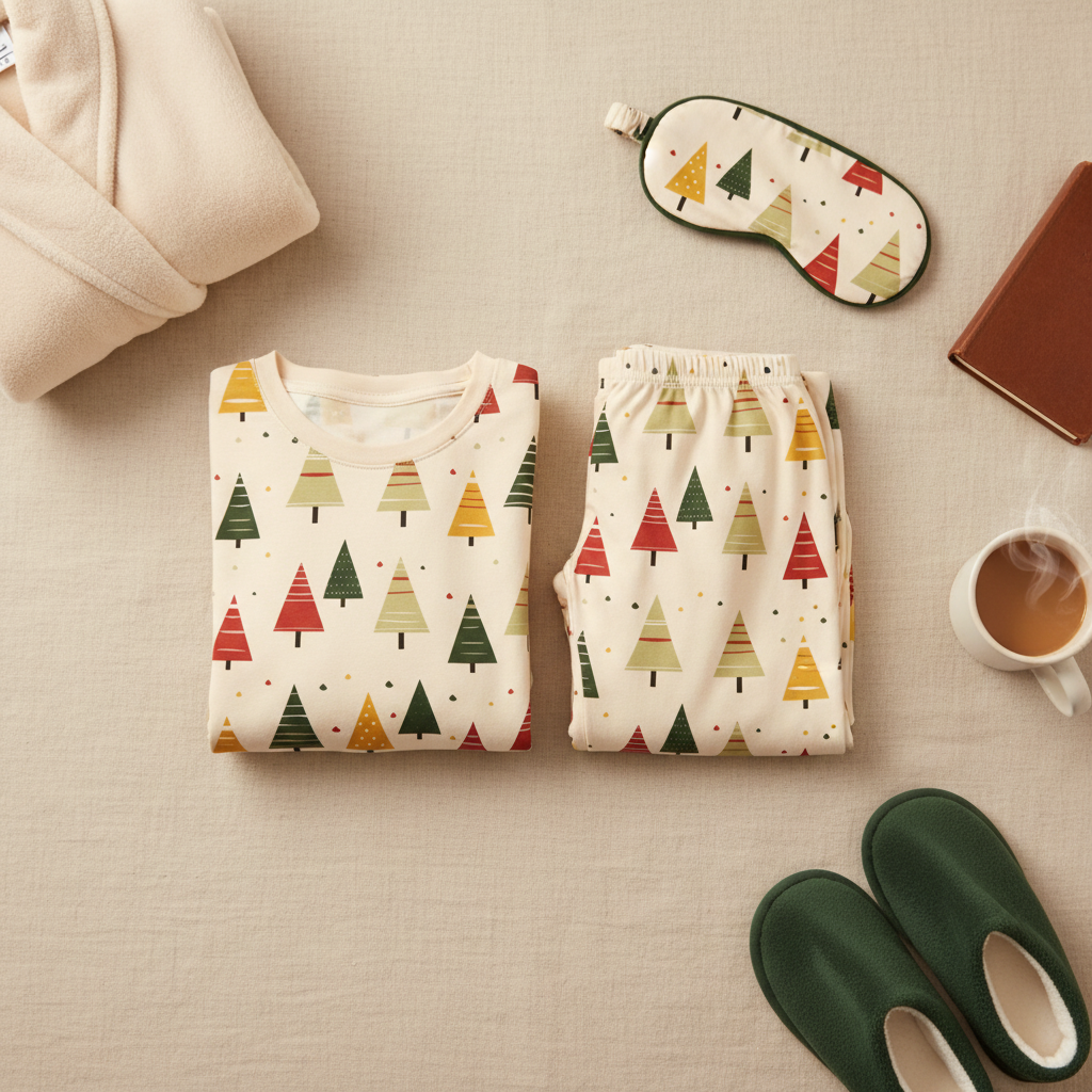 Folded Spring Christmas tree-print men’s pajama set with a cream robe, green slippers, sleep mask, book, and warm mug
