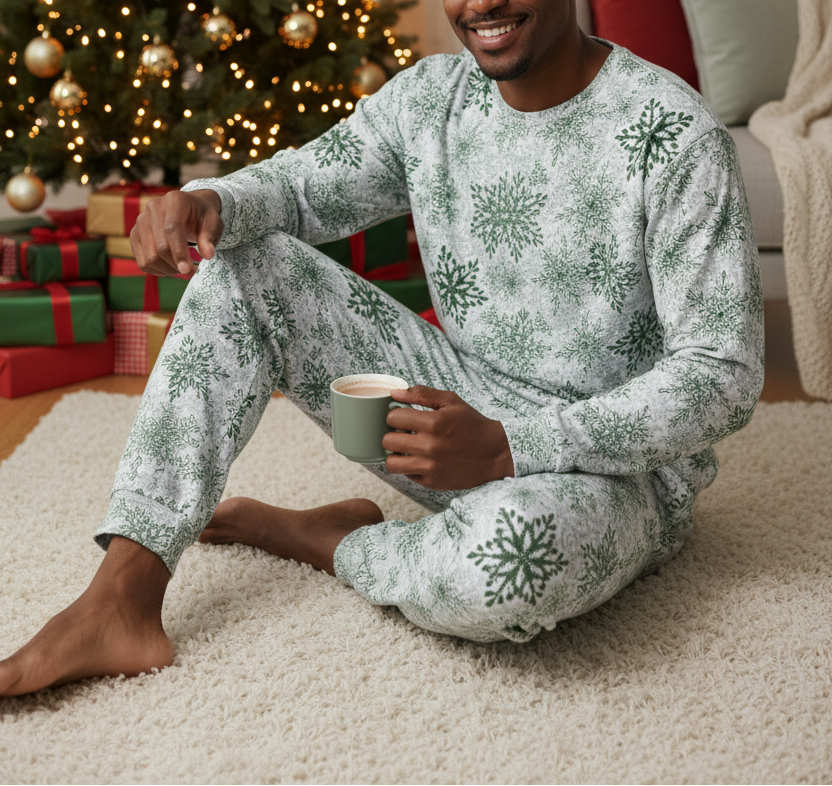 Black man wearing a pocketless green snowflake long sleeve crew neck pajama set with matching cuffed pants in a Christmas living room