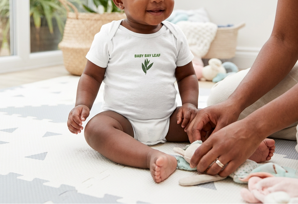 Baby modeling the white Baby Bay Leaf onesie.