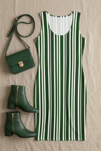 Green Striped Bodycon Dress flat lay with green boots and matching purse