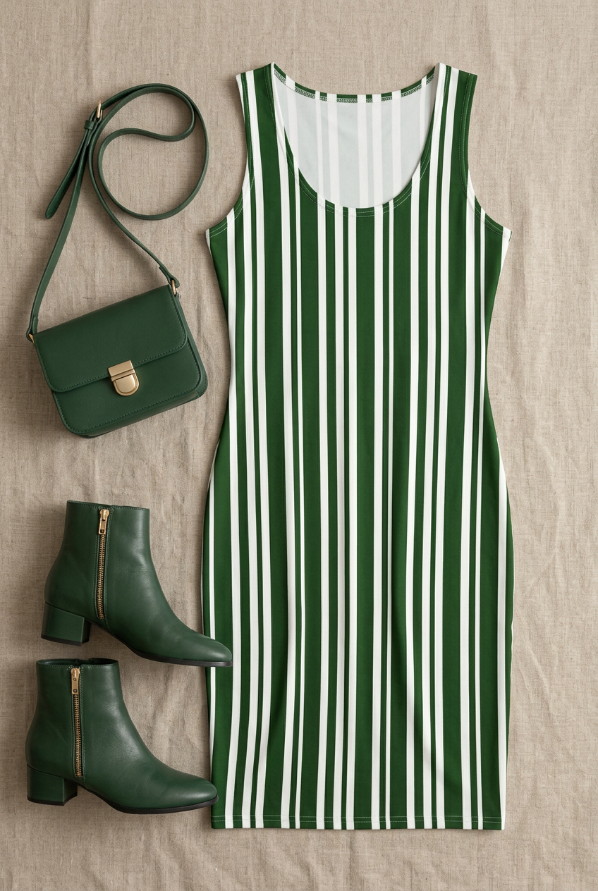 Green Striped Bodycon Dress flat lay with green boots and matching purse