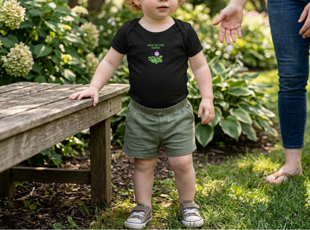 Toddler wearing black New to the Patch flower onesie outdoors.