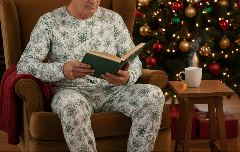 Older man wearing Green Snowflake pajamas while reading beside a Christmas tree