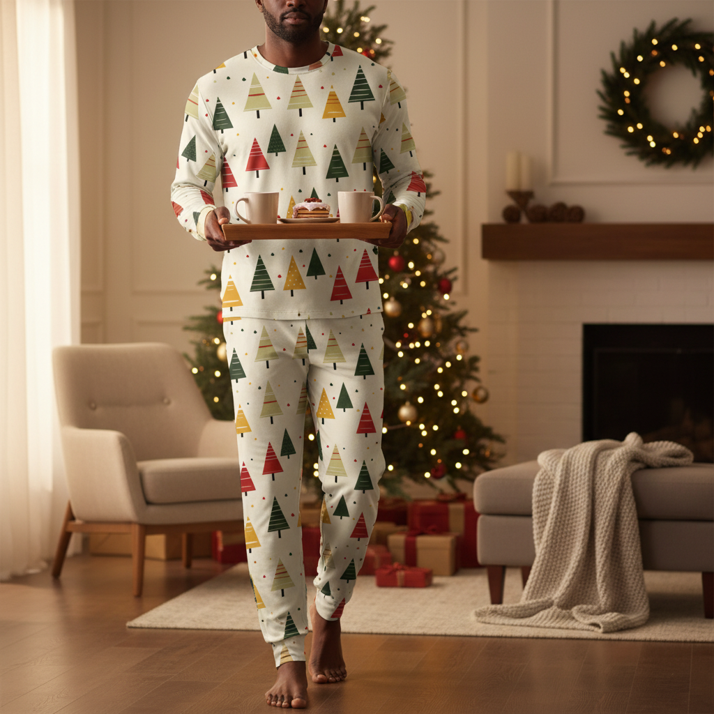 Black man wearing Spring Christmas tree-print men’s pajamas with same-print fitted cuffs while carrying a holiday breakfast tray