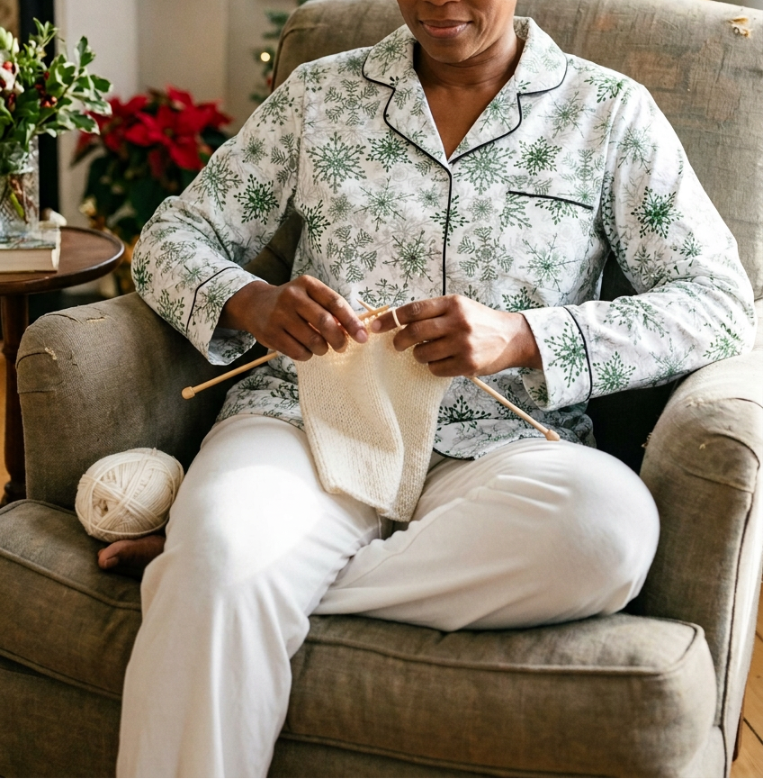 Green Snowflake Women's Long Sleeve Pajama Top with white pants while knitting