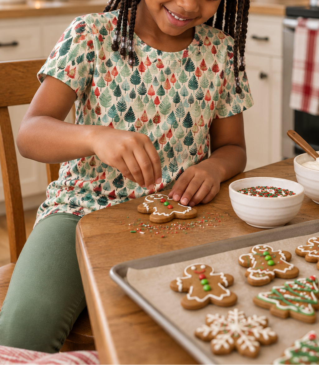 Girl in Leafy Dreams pajama top decorating gingerbread cookies