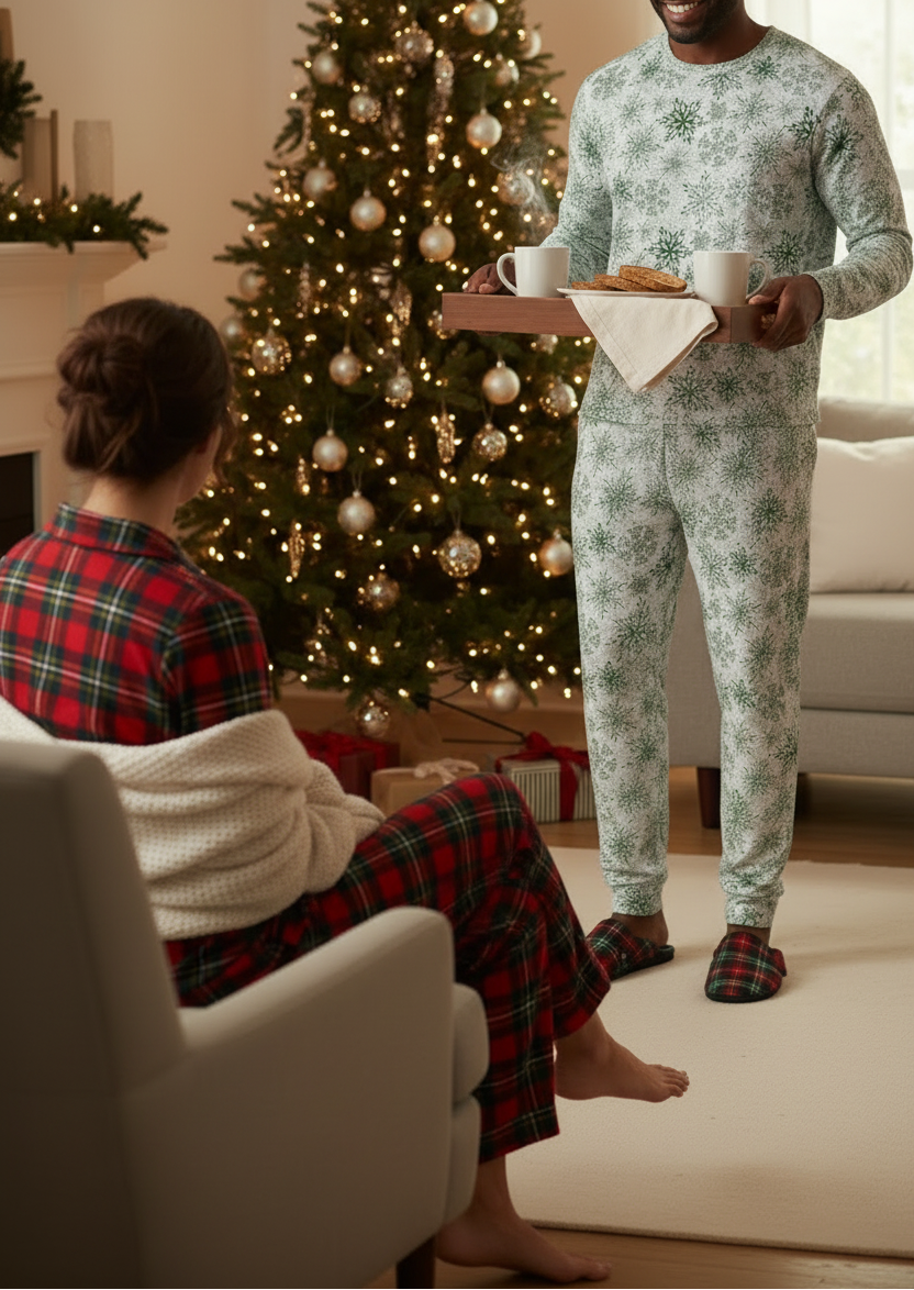 Black man wearing Green Snowflake pajamas while carrying a Christmas breakfast tray