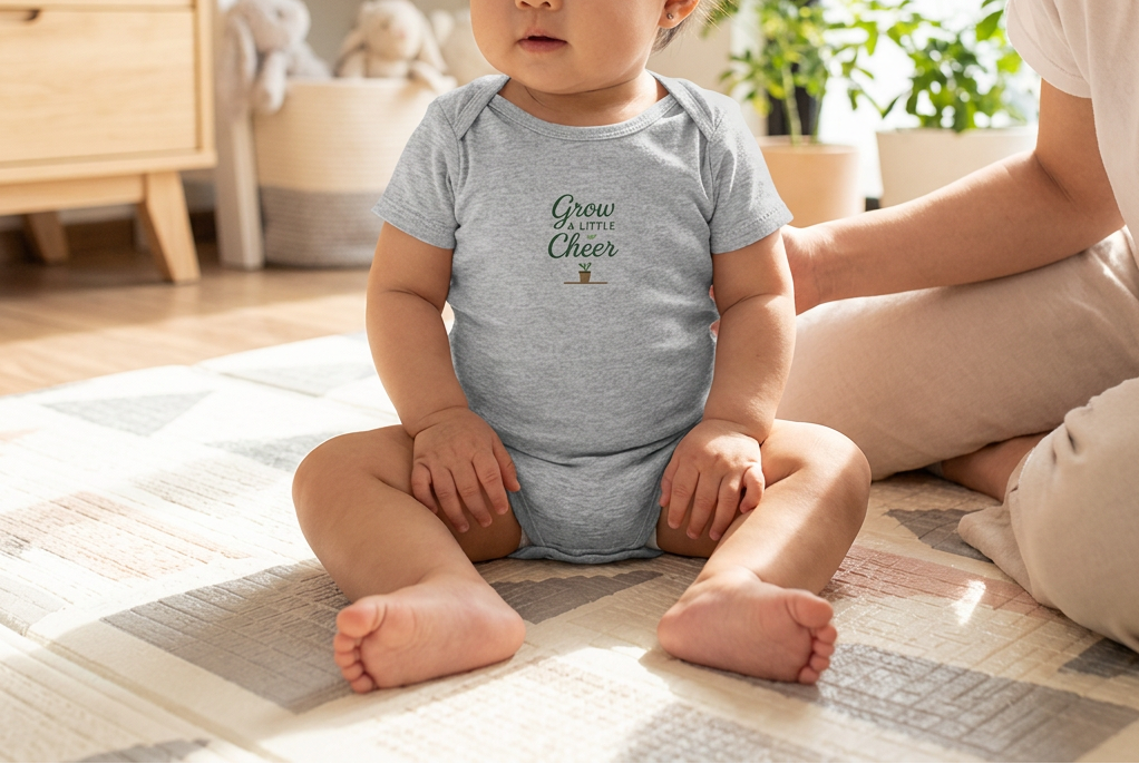 Athletic Heather Grow a Little Cheer baby onesie lifestyle image