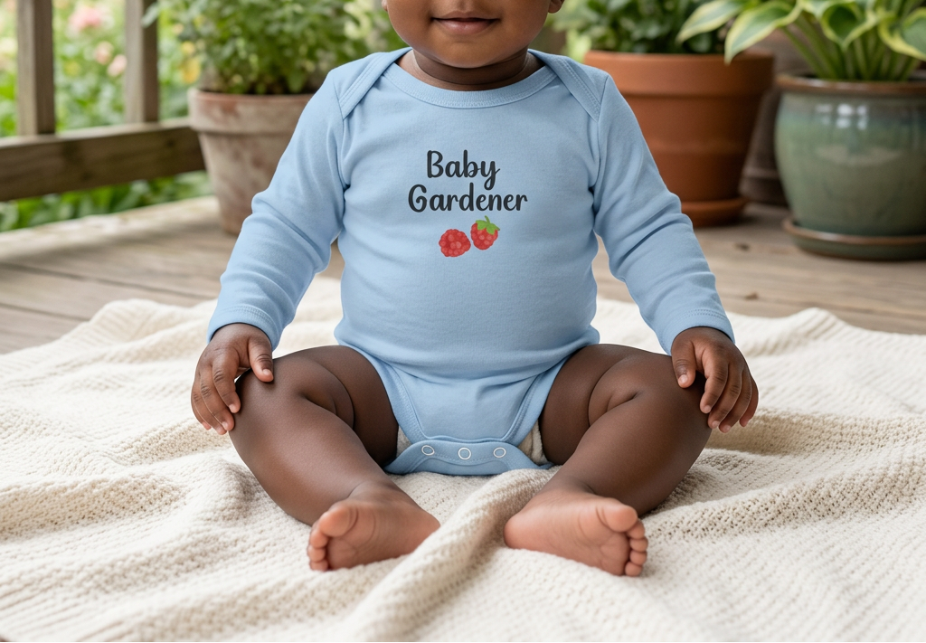 A baby sitting on a cream knit blanket on a wooden porch, wearing a light blue long-sleeve bodysuit with the text 'Baby Gardener' and a small strawberry graphic.