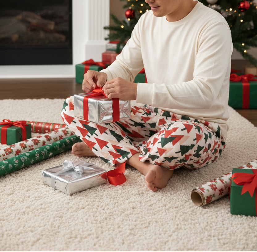 Unique East Asian man wearing Christmas Tree men’s pajama pants with a cream shirt while wrapping gifts