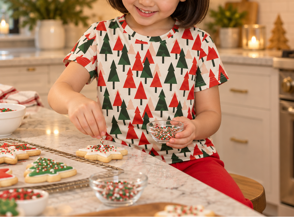 Child in Christmas Tree kids pajama top decorating sugar cookies