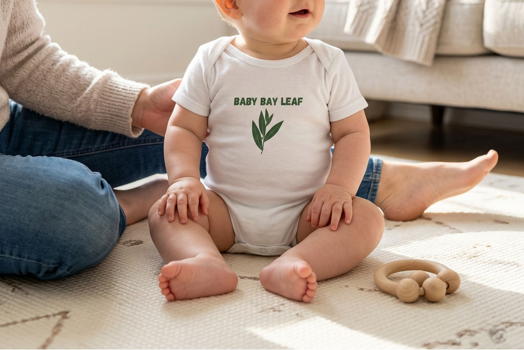 Baby wearing the white Baby Bay Leaf onesie.