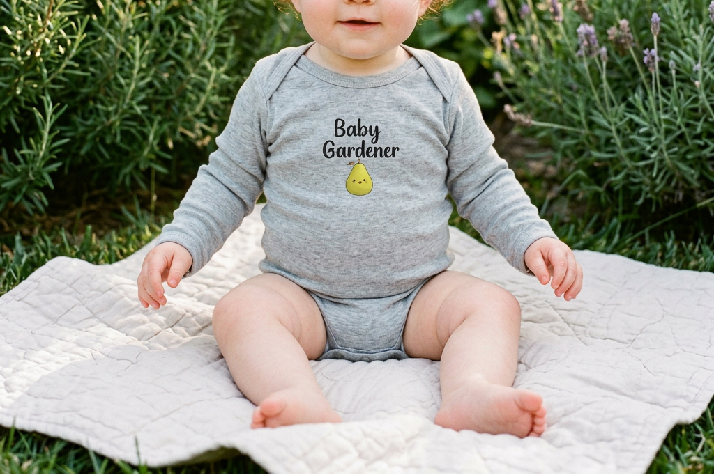 A baby with curly red hair sits on a quilted blanket in a garden, wearing a light gray long-sleeve bodysuit with the text 'Baby Gardener' and a small yellow pear graphic.