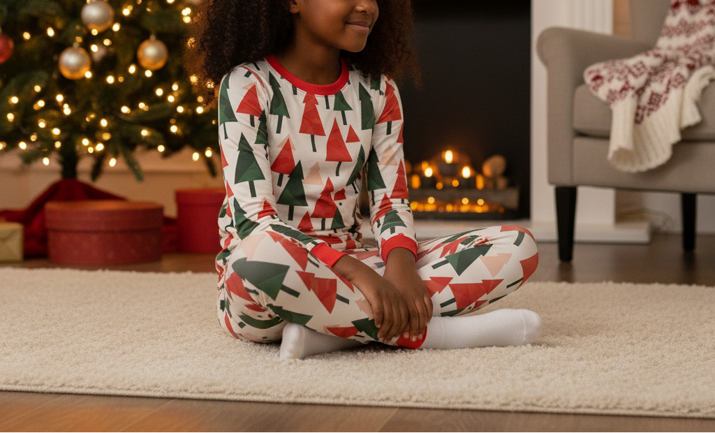 Black child wearing Christmas tree leggings with a matching printed top in a cozy living room