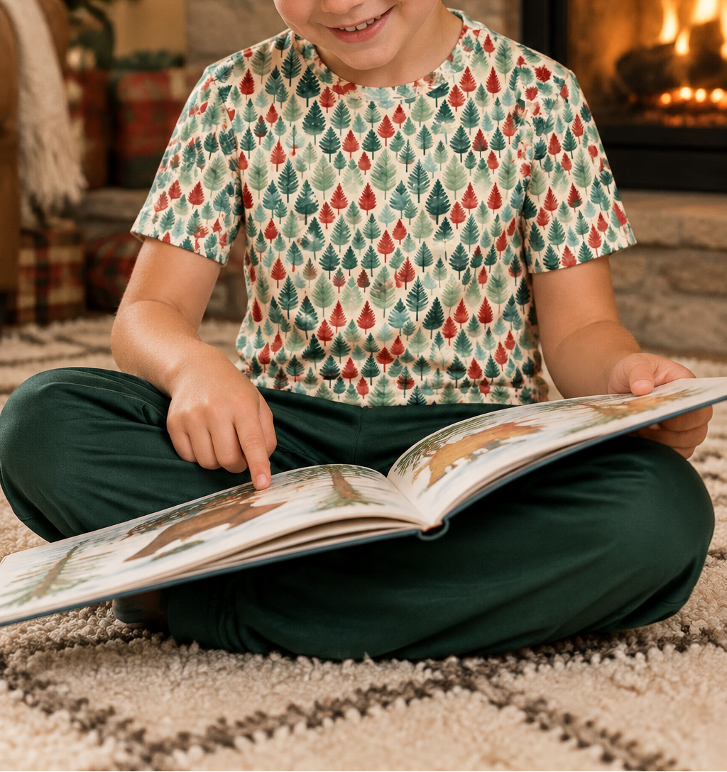 Boy in Leafy Dreams pajama top reading by the fireplace