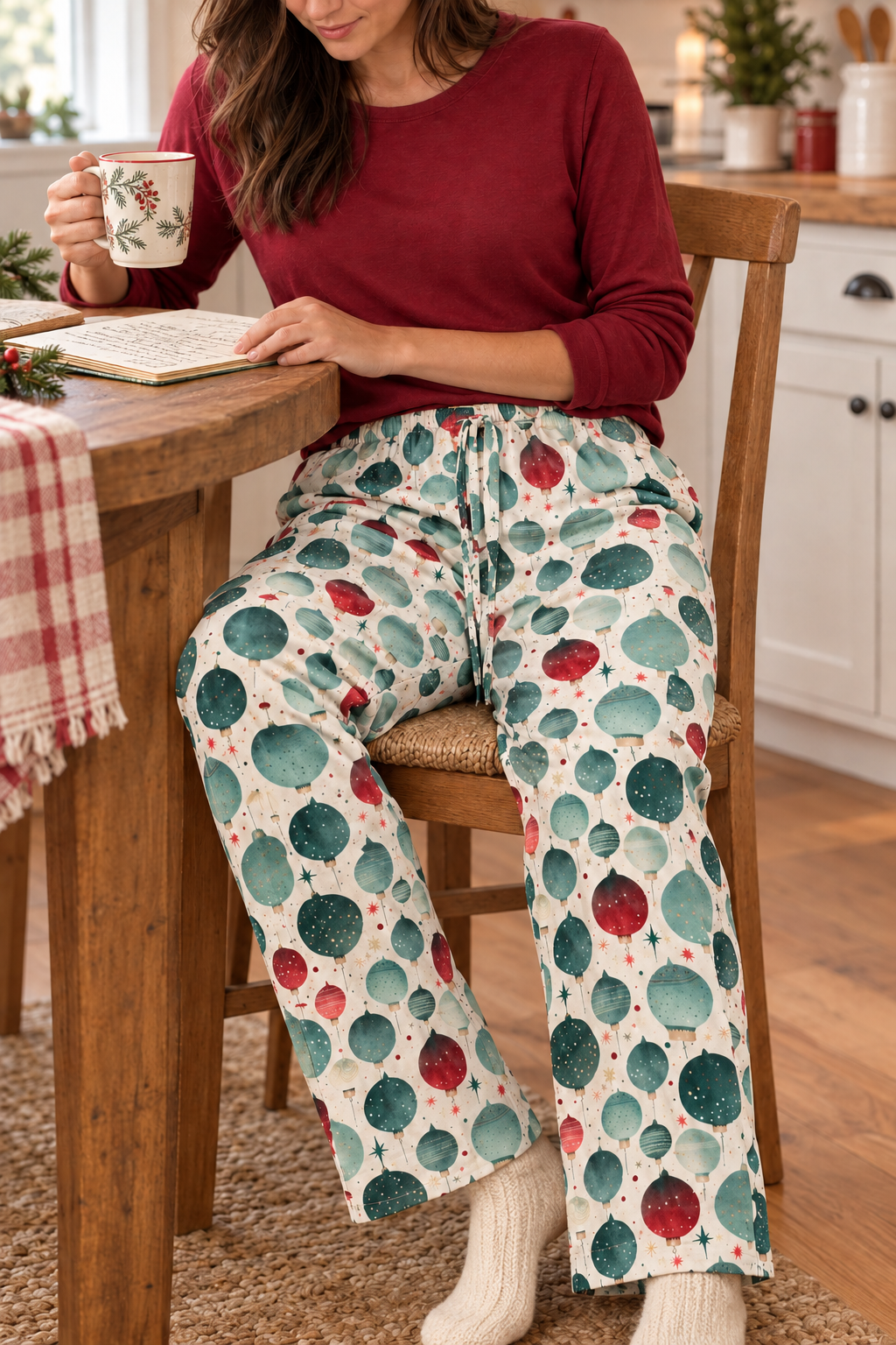 Holiday pajama pants close-up while seated with a mug and recipe, ivory knit socks