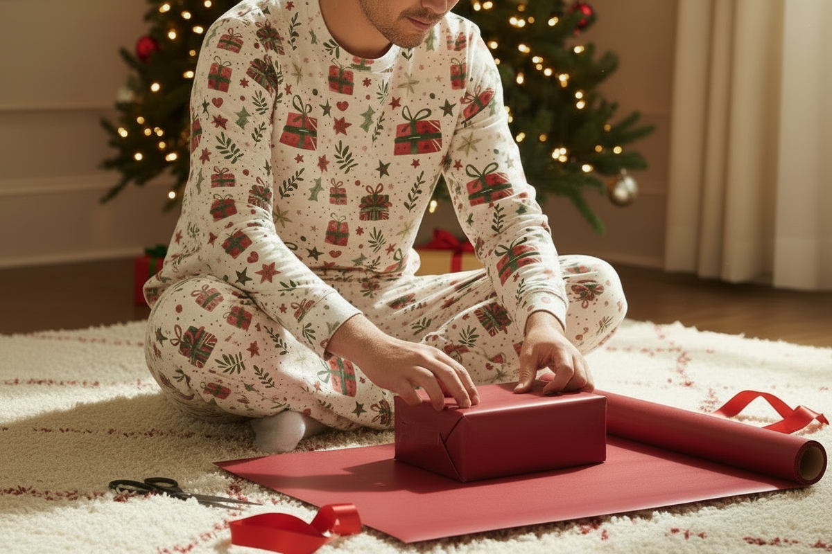 East Asian man wearing Christmas Present pajamas while wrapping a holiday gift