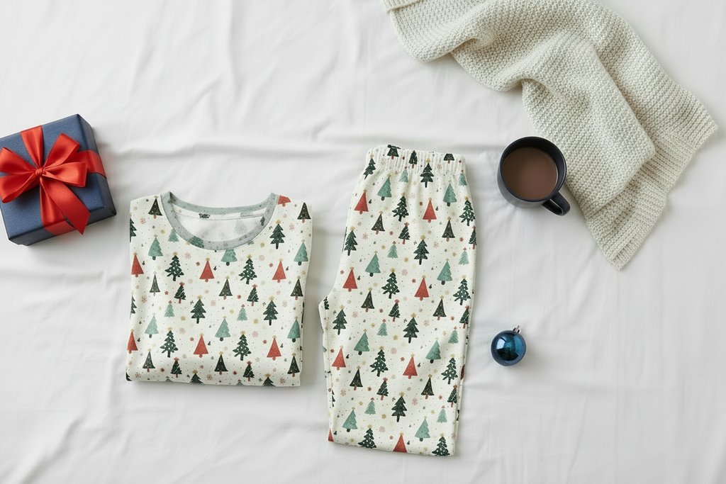 Folded Blue Christmas men’s pajama top and pocketless pants on white bedding with cocoa, a book, greenery, and a gift