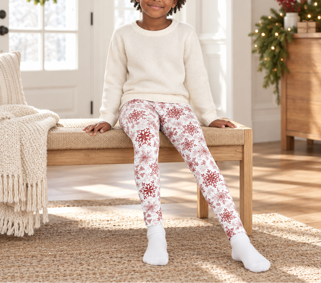 Child wearing Red Snowflake kid pajama leggings sitting on a holiday entryway bench