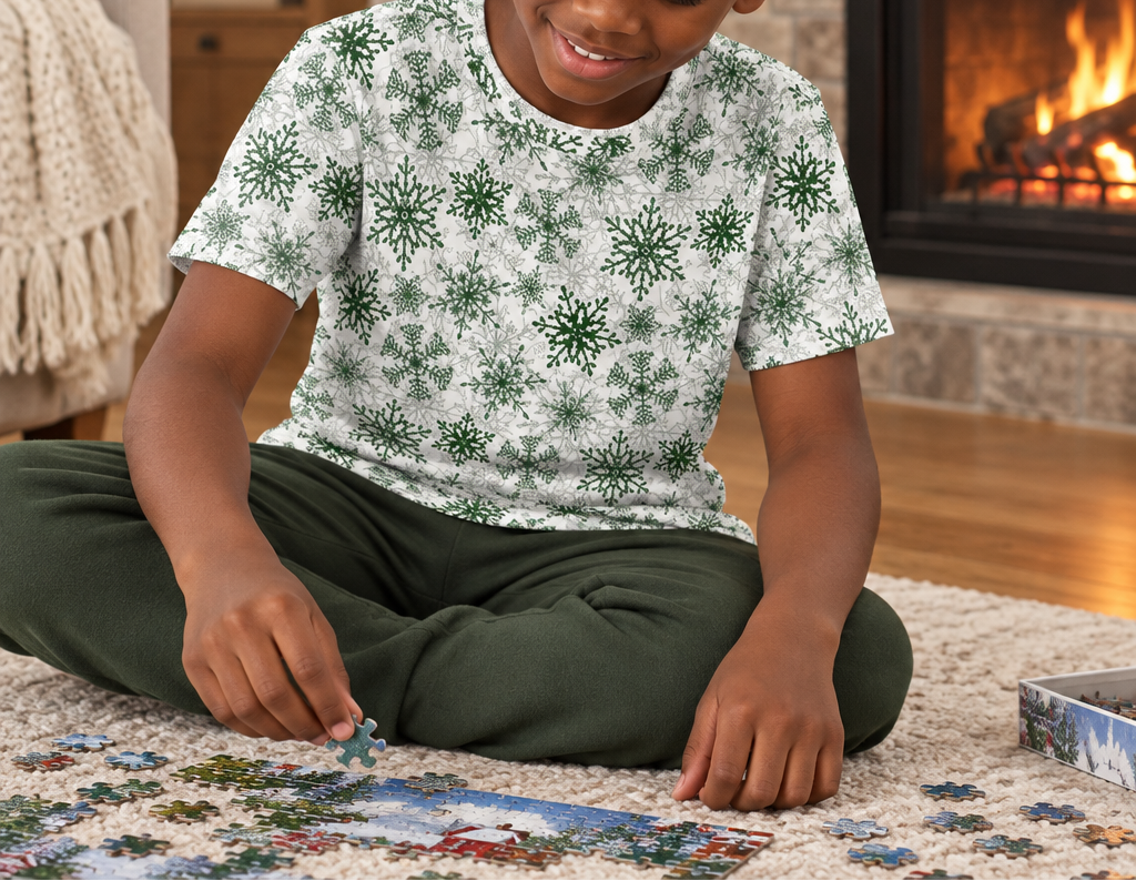 Child wearing green snowflake kids pajama top while doing a holiday puzzle