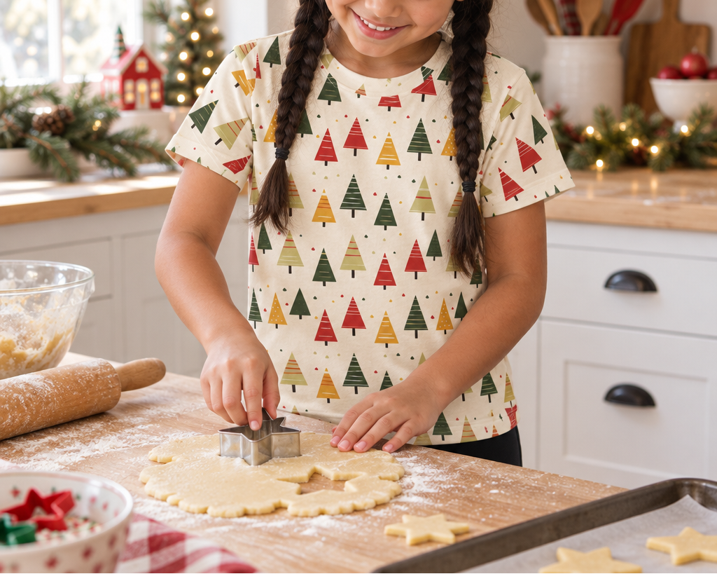 Child wearing Spring Christmas kids pajama top while baking Christmas cookies