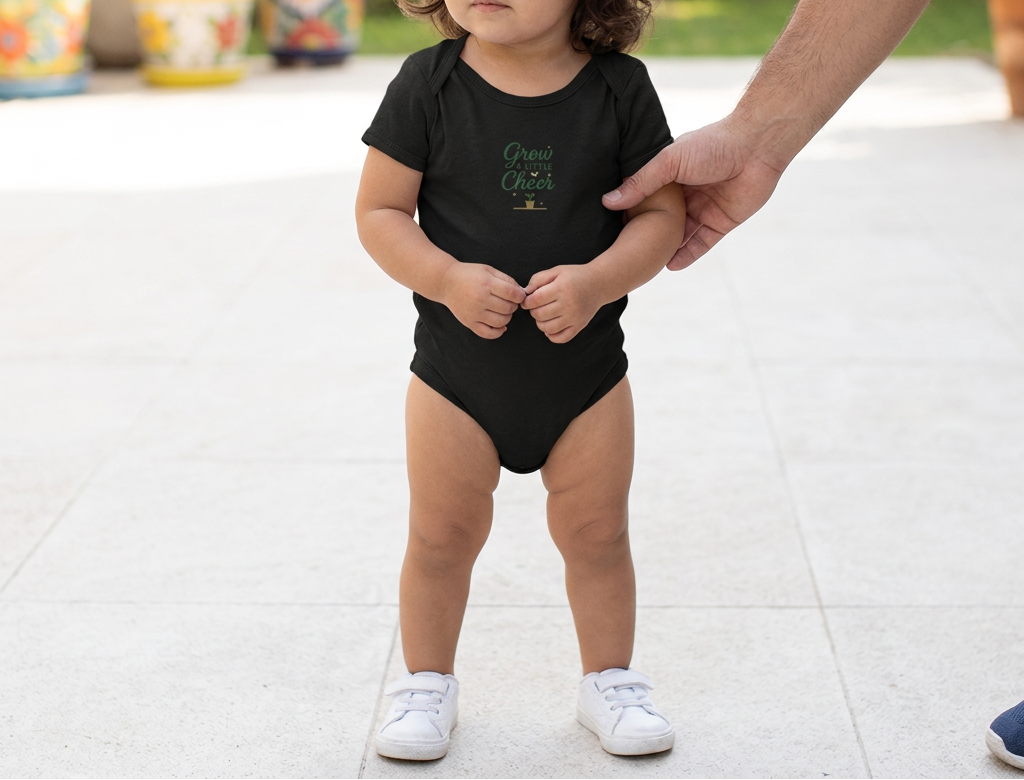 Black Grow a Little Cheer baby onesie toddler lifestyle image