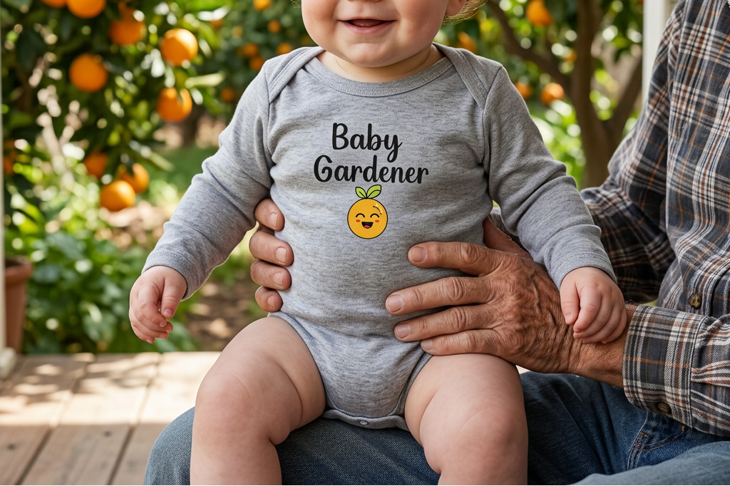 Baby wearing heather gray Baby Gardener Orange Onesie with orange trees behind